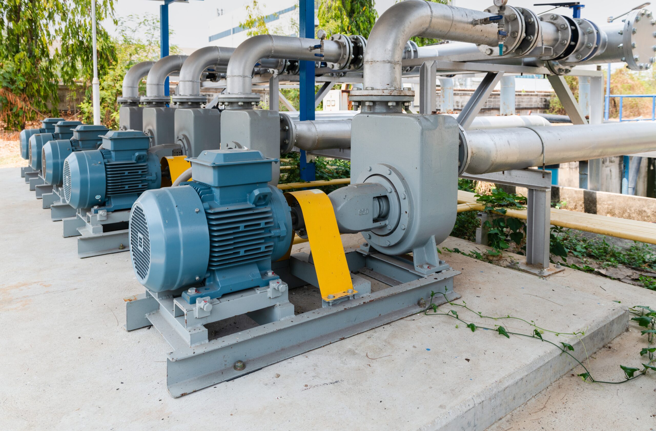 A row of industrial water pumps with blue motors and gray housings connected to overhead piping